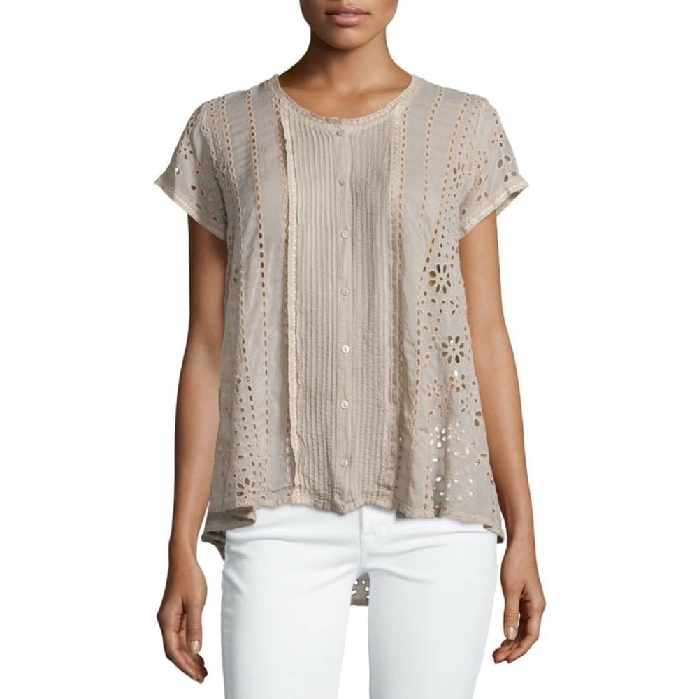 Johnny Was • Short-Sleeve Flirty Eyelet Blouse beige flowy swing peasant boho